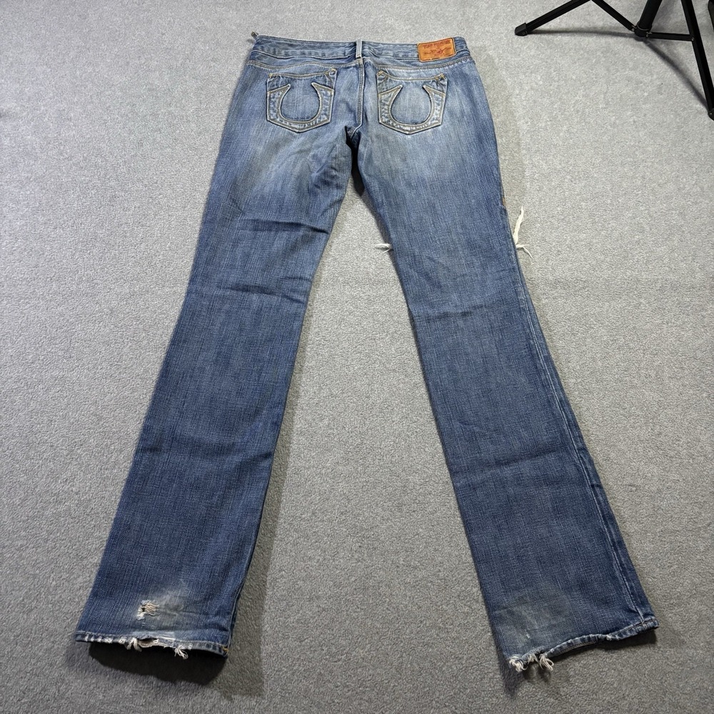VTG True Religion Johnny Jeans Womens 28 Distressed Blue Straight Leg USA Made
